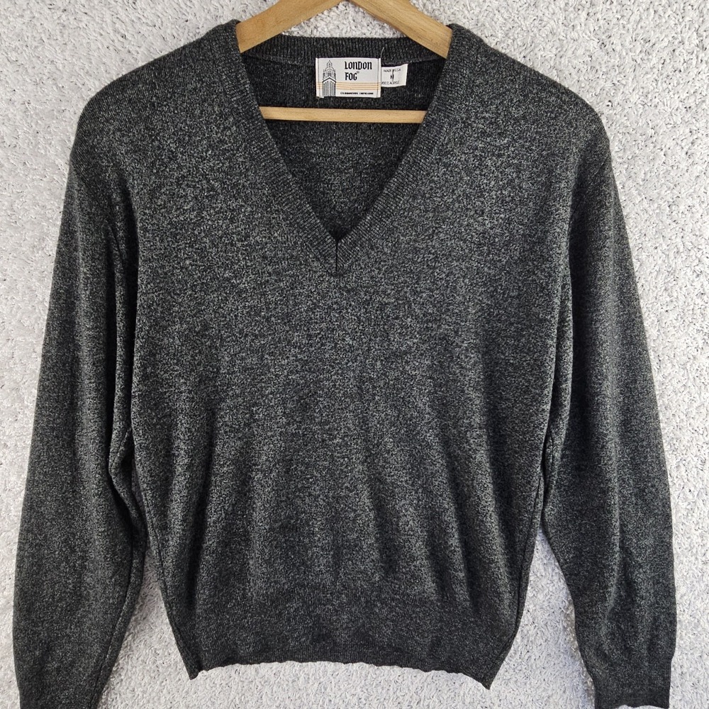 Vintage London Fog V Neck Gray Sweater Mens Medium Made USA Preppy 90s‎ Dapper